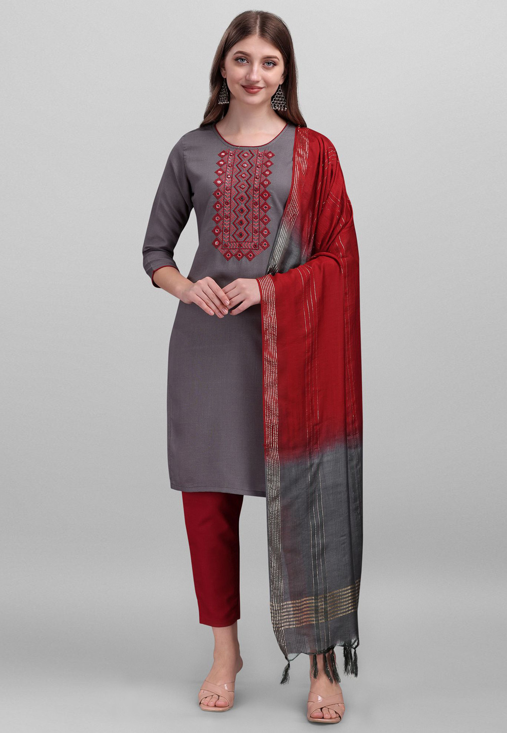 Grey Cotton Readymade Pant Style Suit 256466