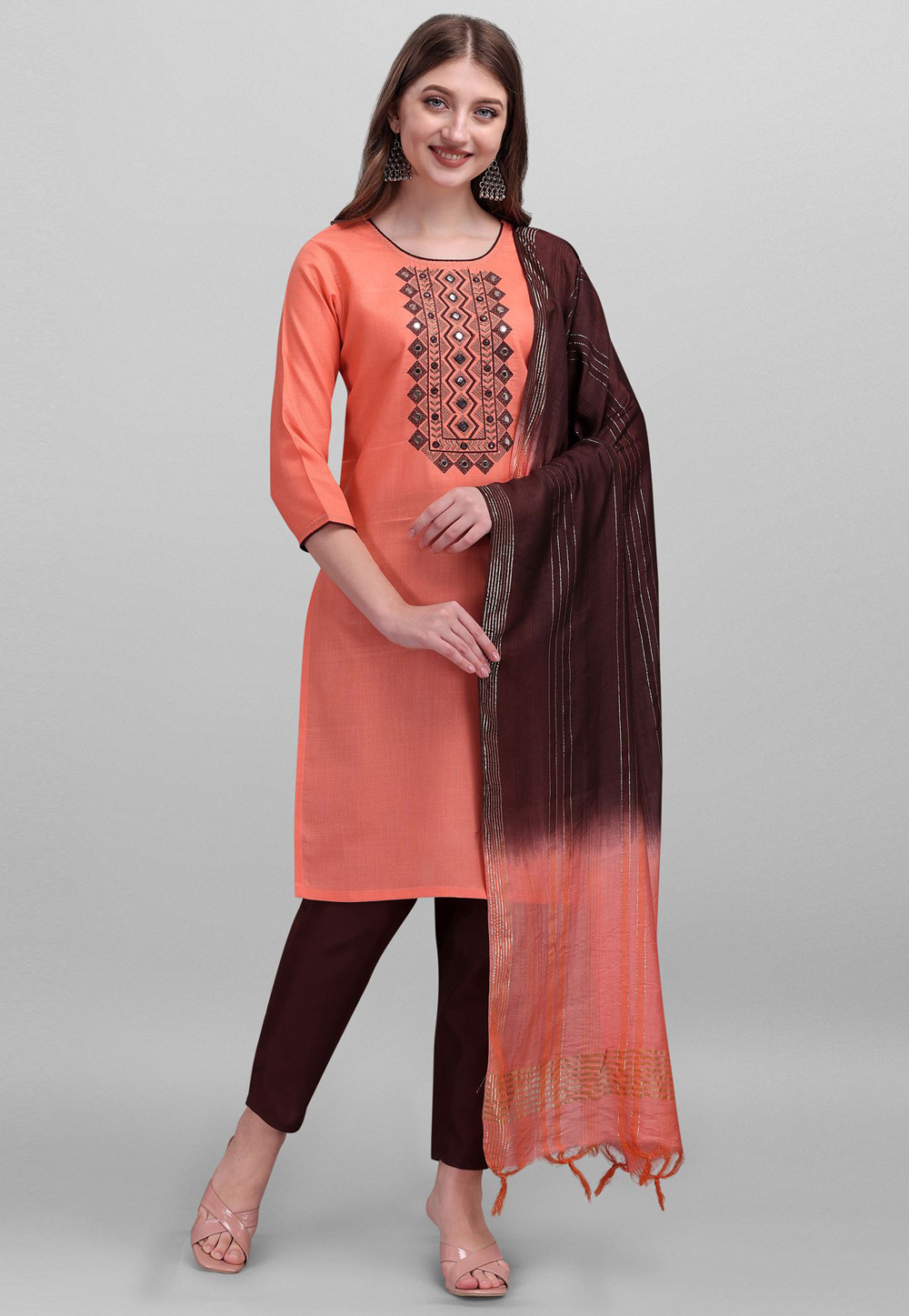Peach Cotton Readymade Pant Style Suit 256467