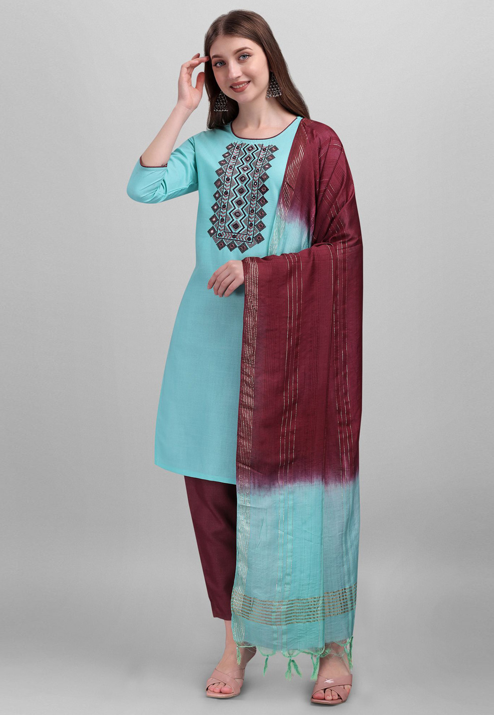 Sky Blue Cotton Readymade Pant Style Suit 256468