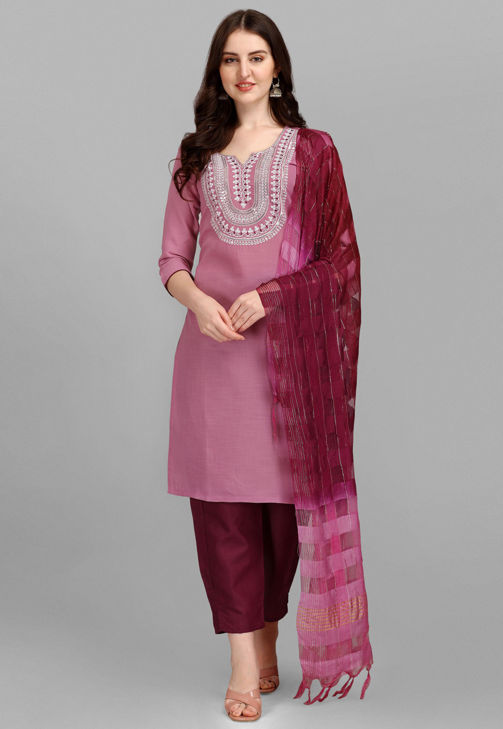 Pink Cotton Readymade Pant Style Suit 256470