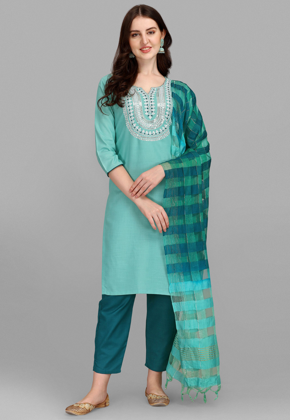 Sea Green Cotton Readymade Pant Style Suit 256471
