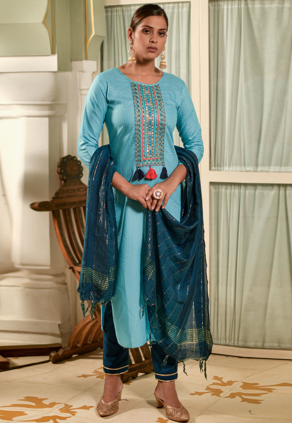 Sky Blue Viscose Rayon Readymade Pant Style Suit 257454