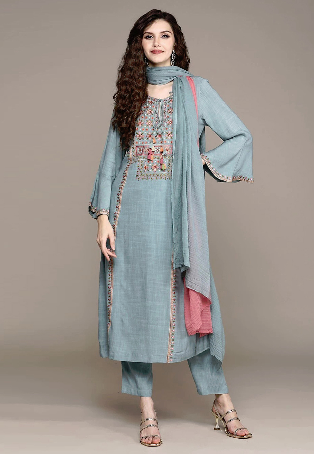 Sky Blue Viscose Rayon Readymade Pant Style Suit 257456