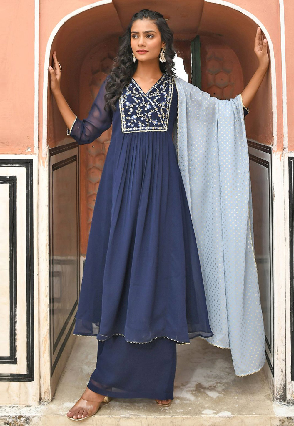 Navy Blue Georgette Readymade Palazzo Suit 258517