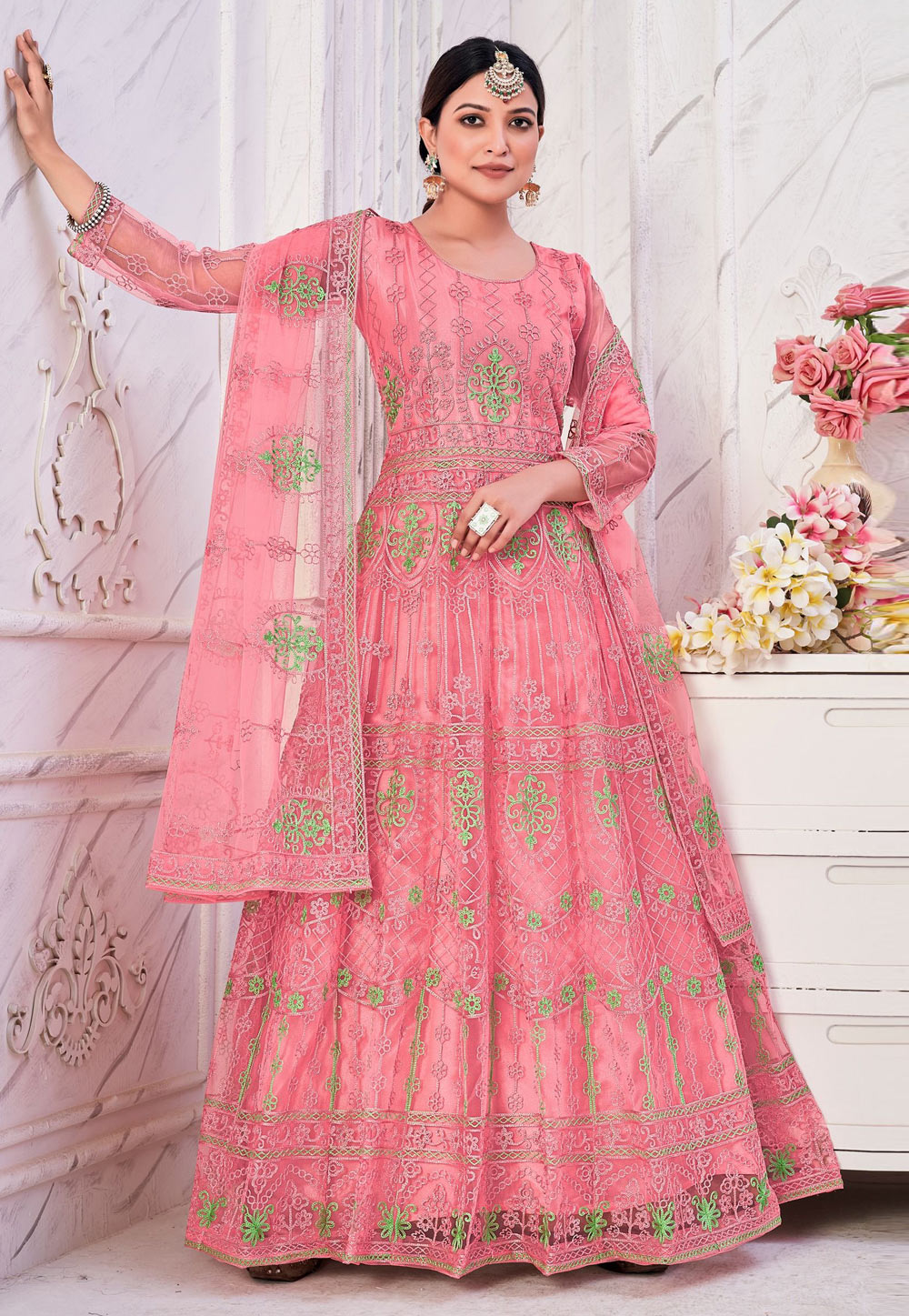 Pink Net Abaya Style Anarkali Suit 259799