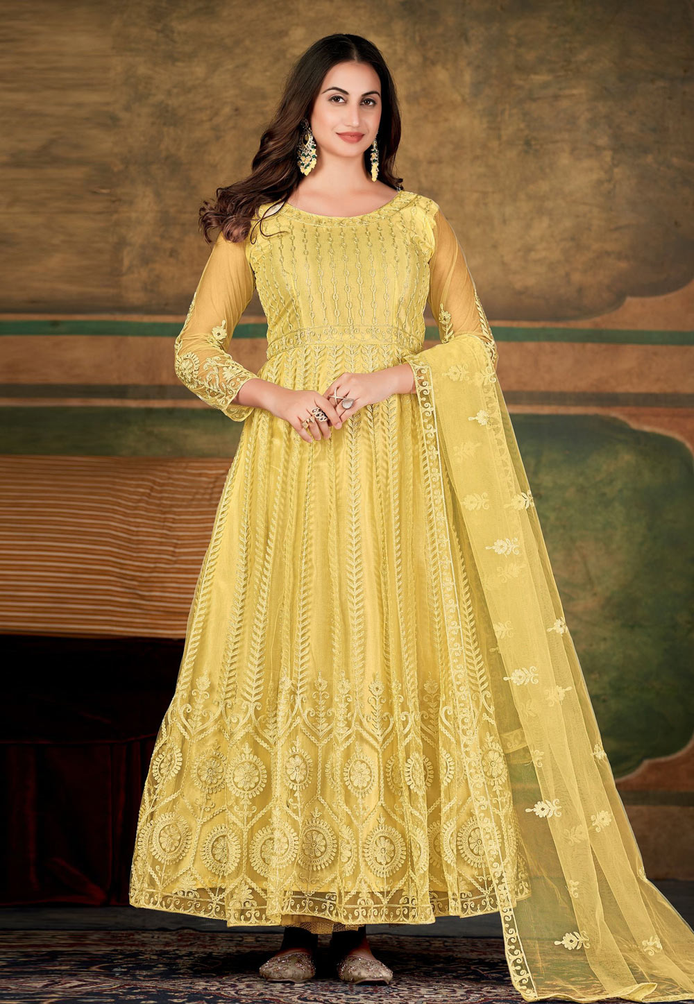Yellow Net Abaya Style Anarkali Suit 259805