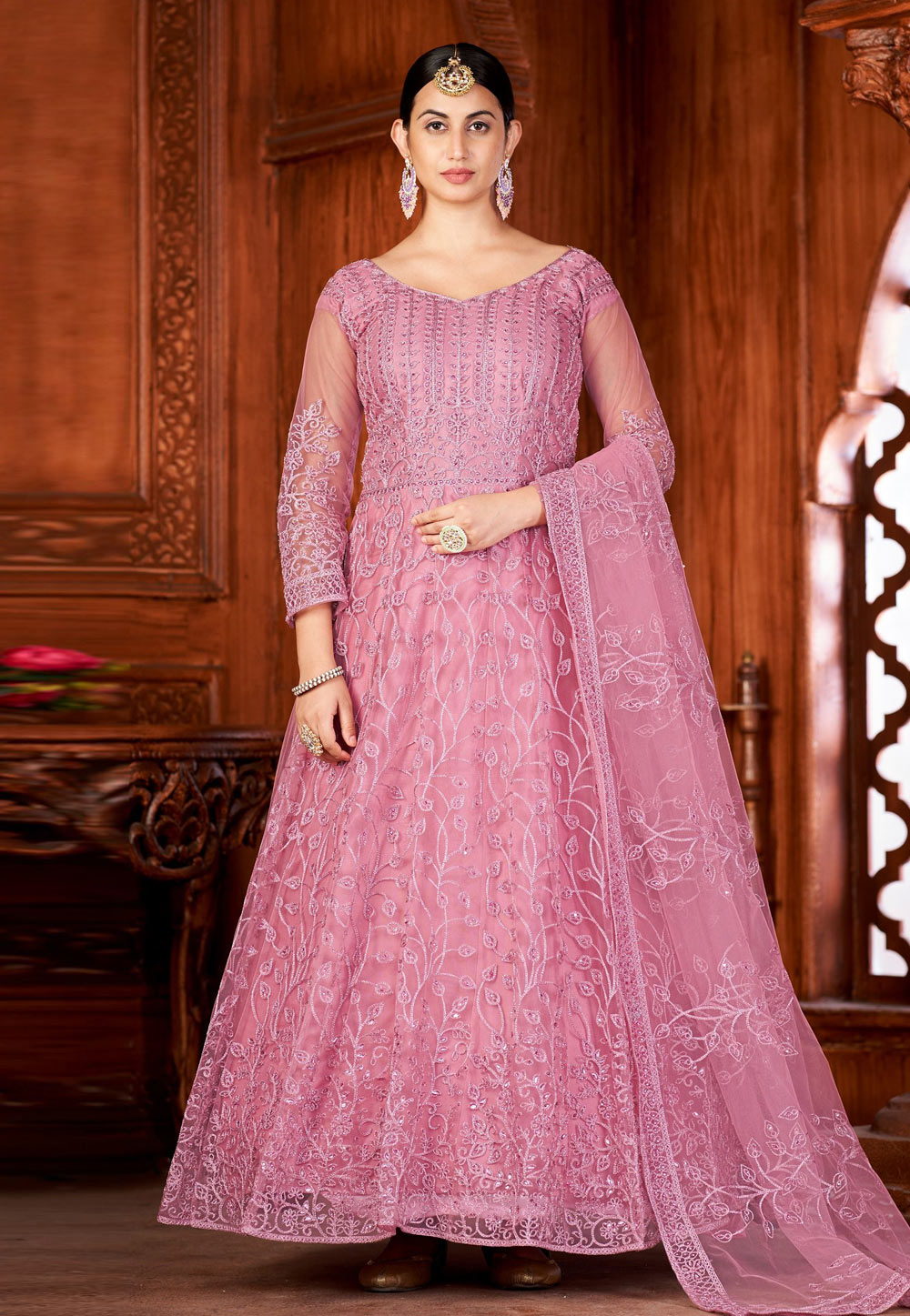 Pink Net Abaya Style Anarkali Suit 259807