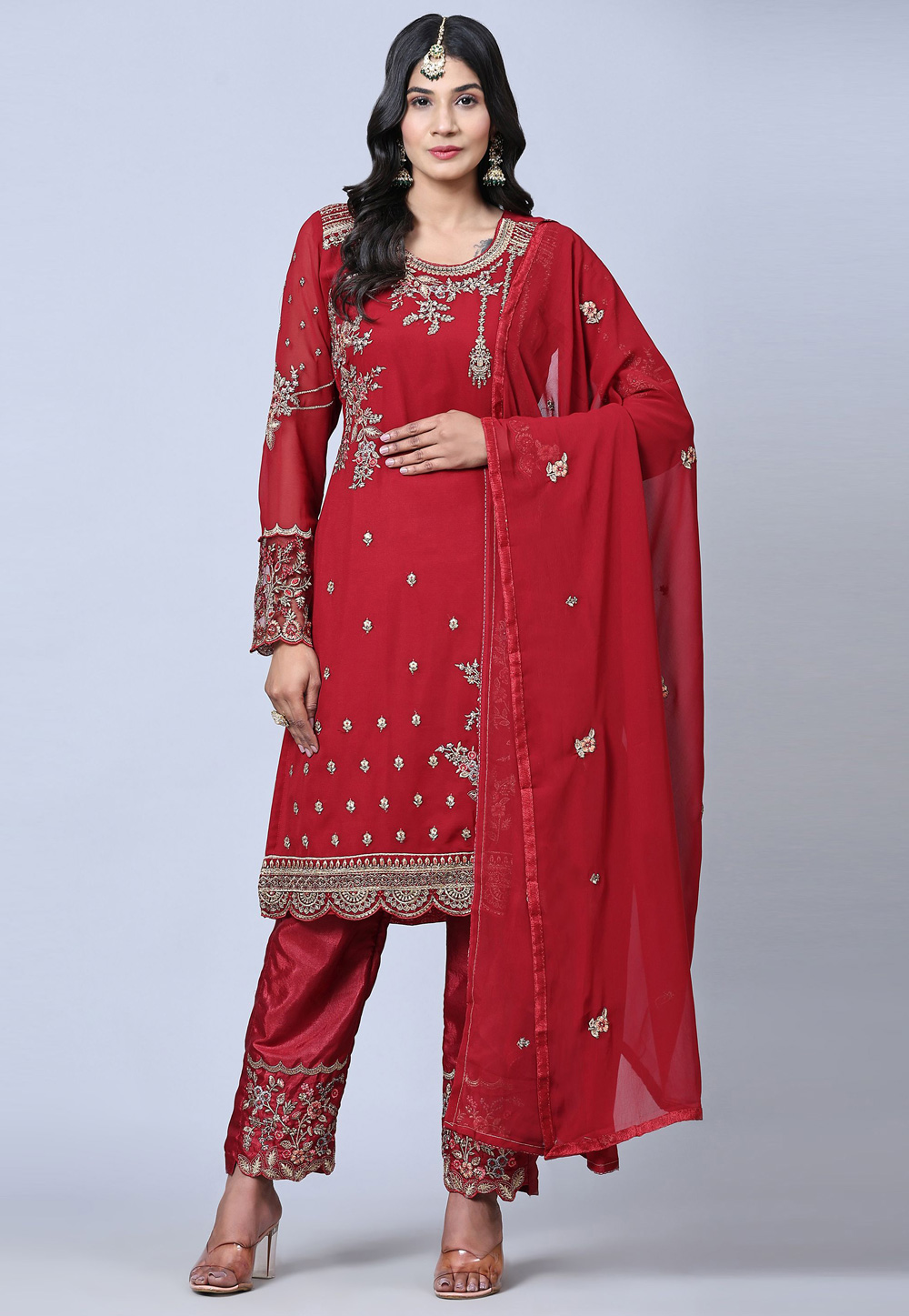 Red Georgette Pant Style Suit 259915