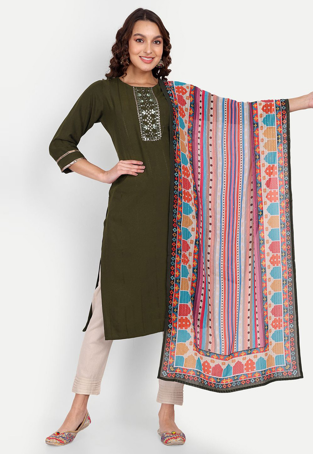Mehndi Viscose Readymade Pant Style Suit 259907