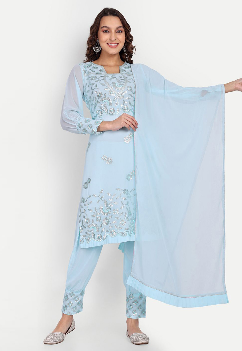 Sky Blue Georgette Readymade Pant Style Suit 259740