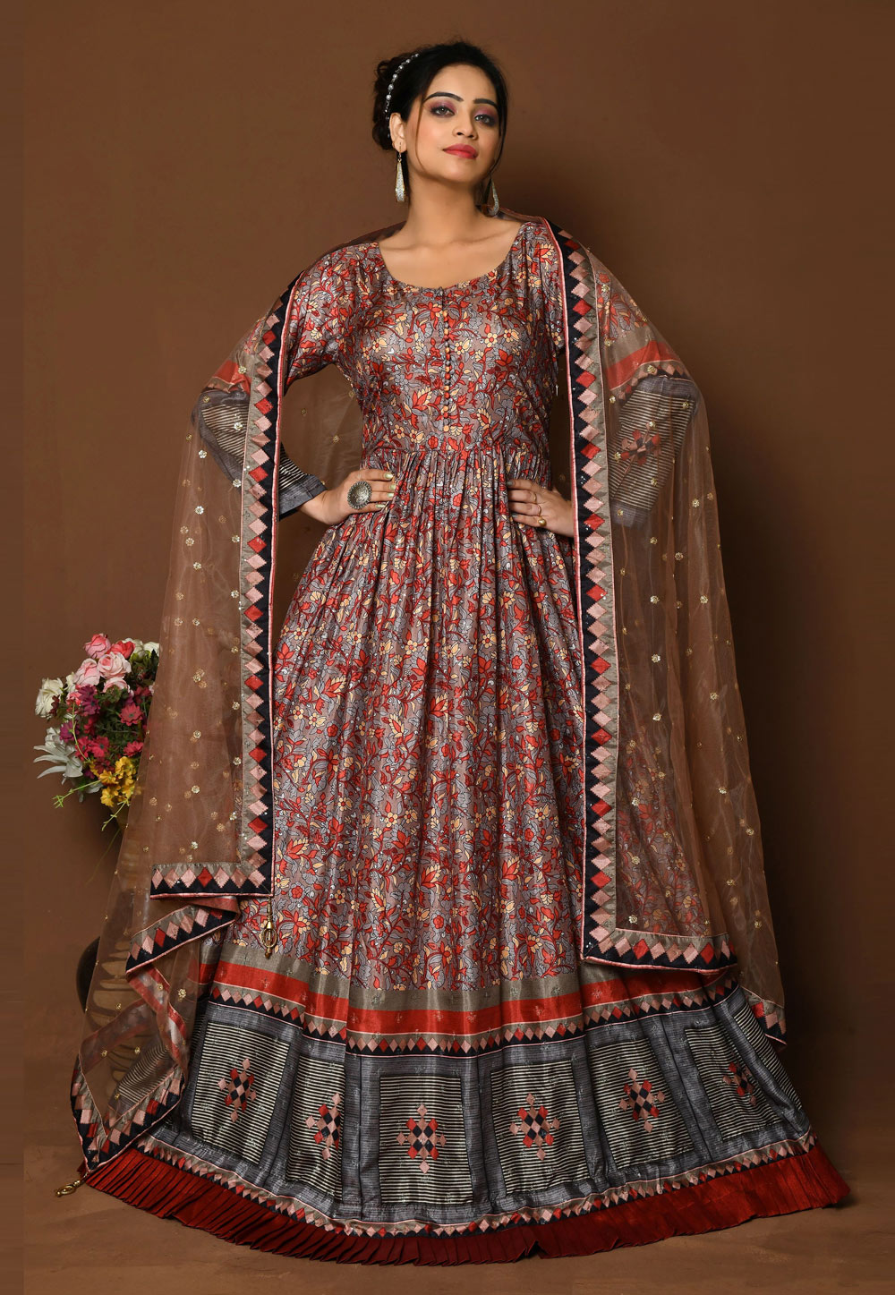 Maroon Silk Printed Gown 259743