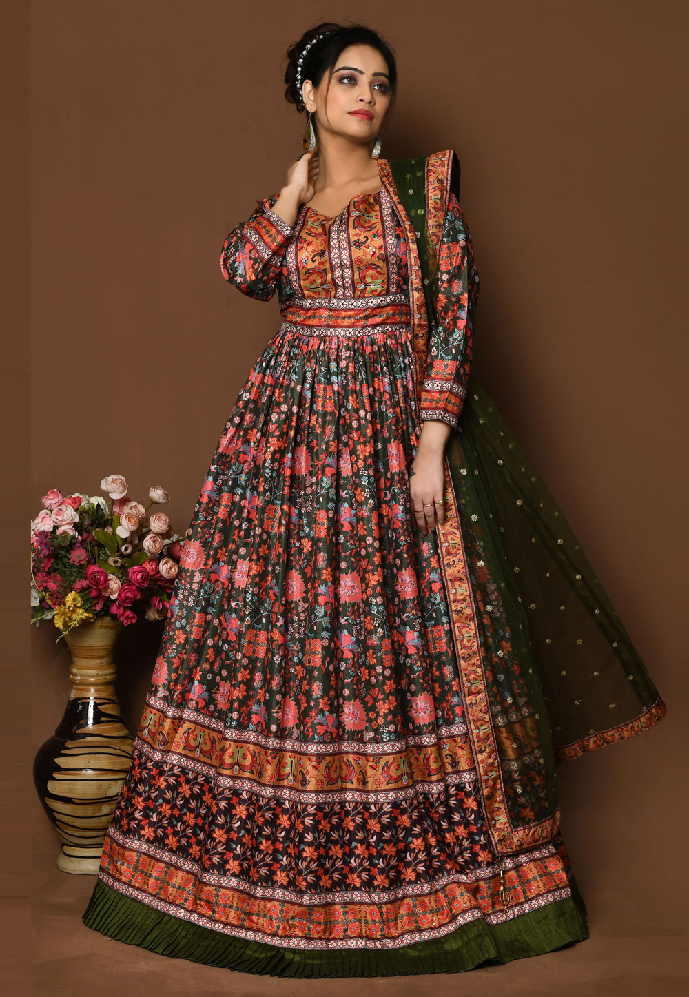 Mehndi Silk Printed Gown 259745