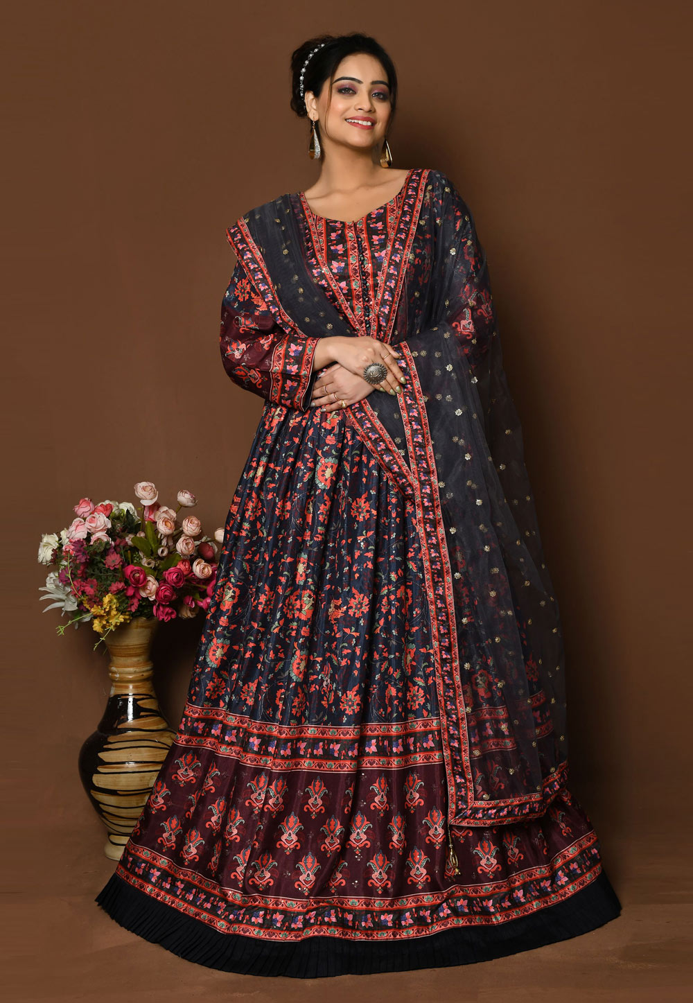 Navy Blue Silk Printed Gown 259747