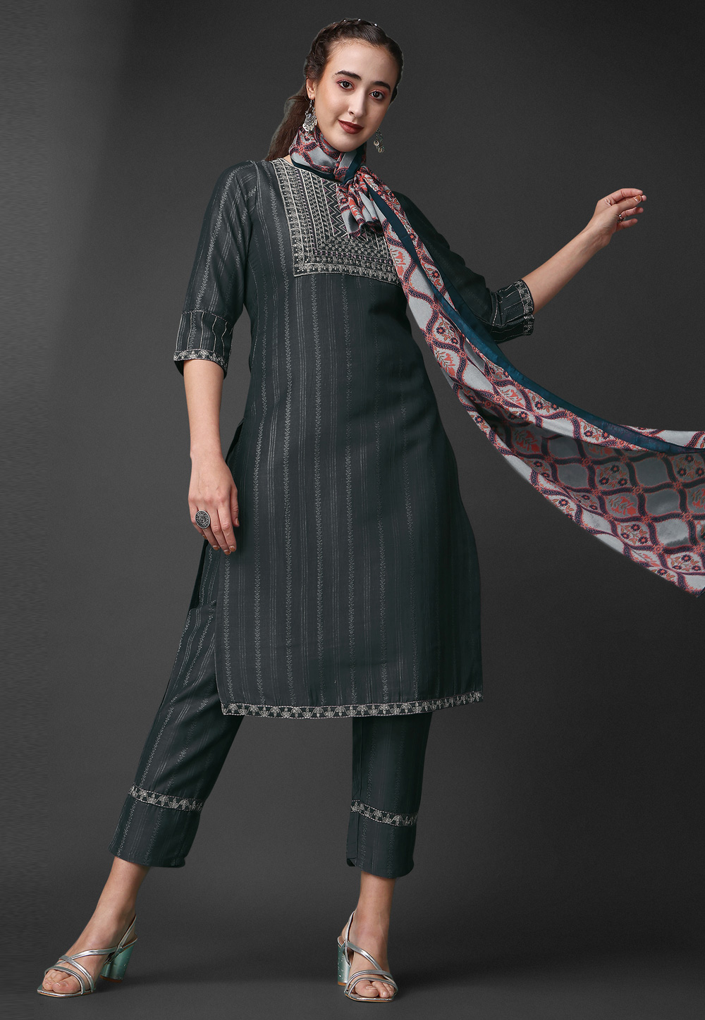 Grey Chinon Readymade Pant Style Suit 262093