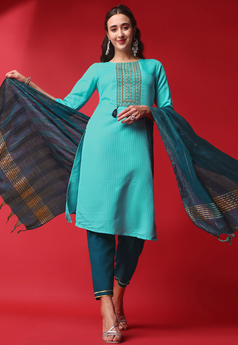 Turquoise Viscose Rayon Readymade Pant Style Suit 262094