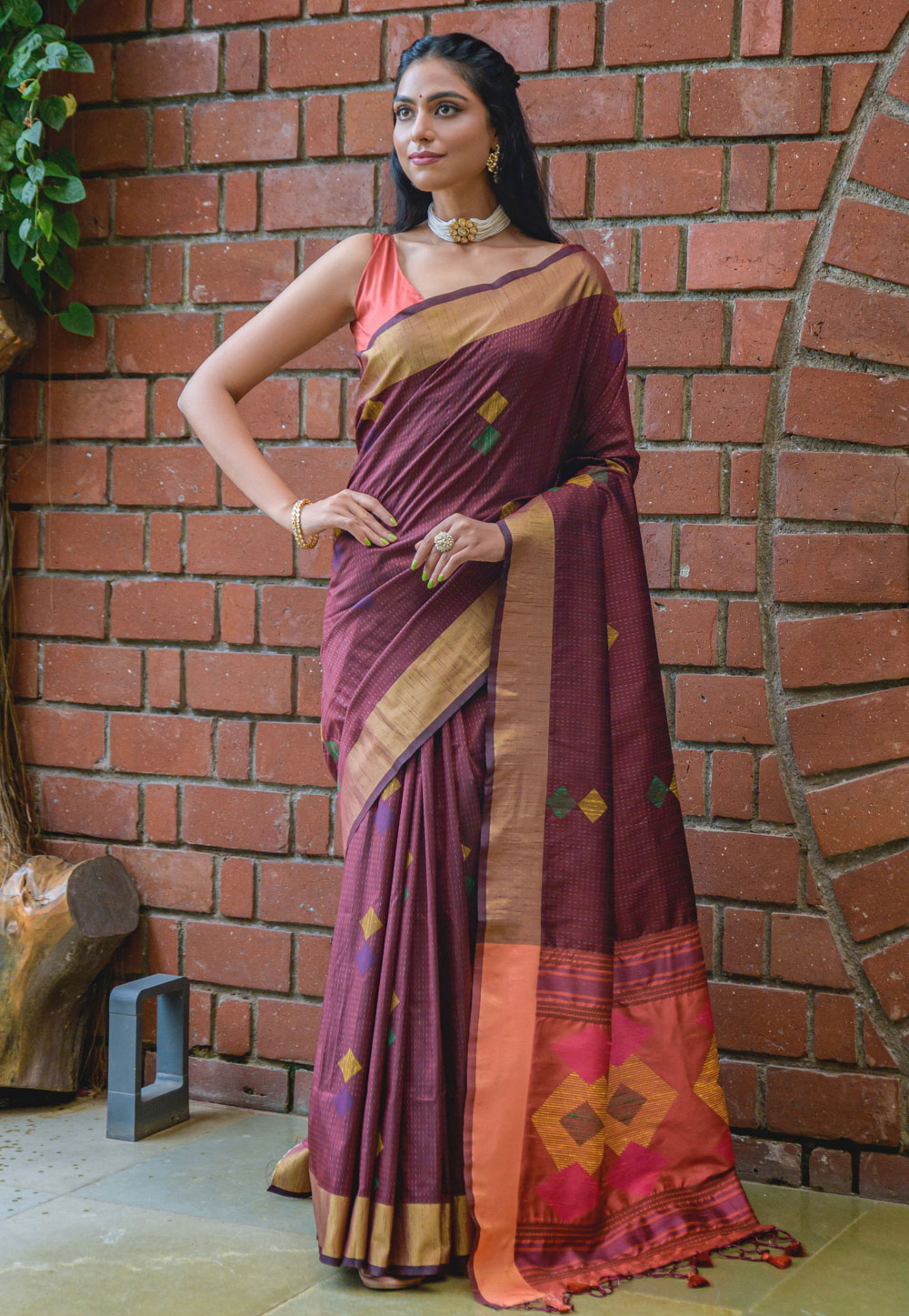 Wine Raw Silk Saree With Blouse 262050