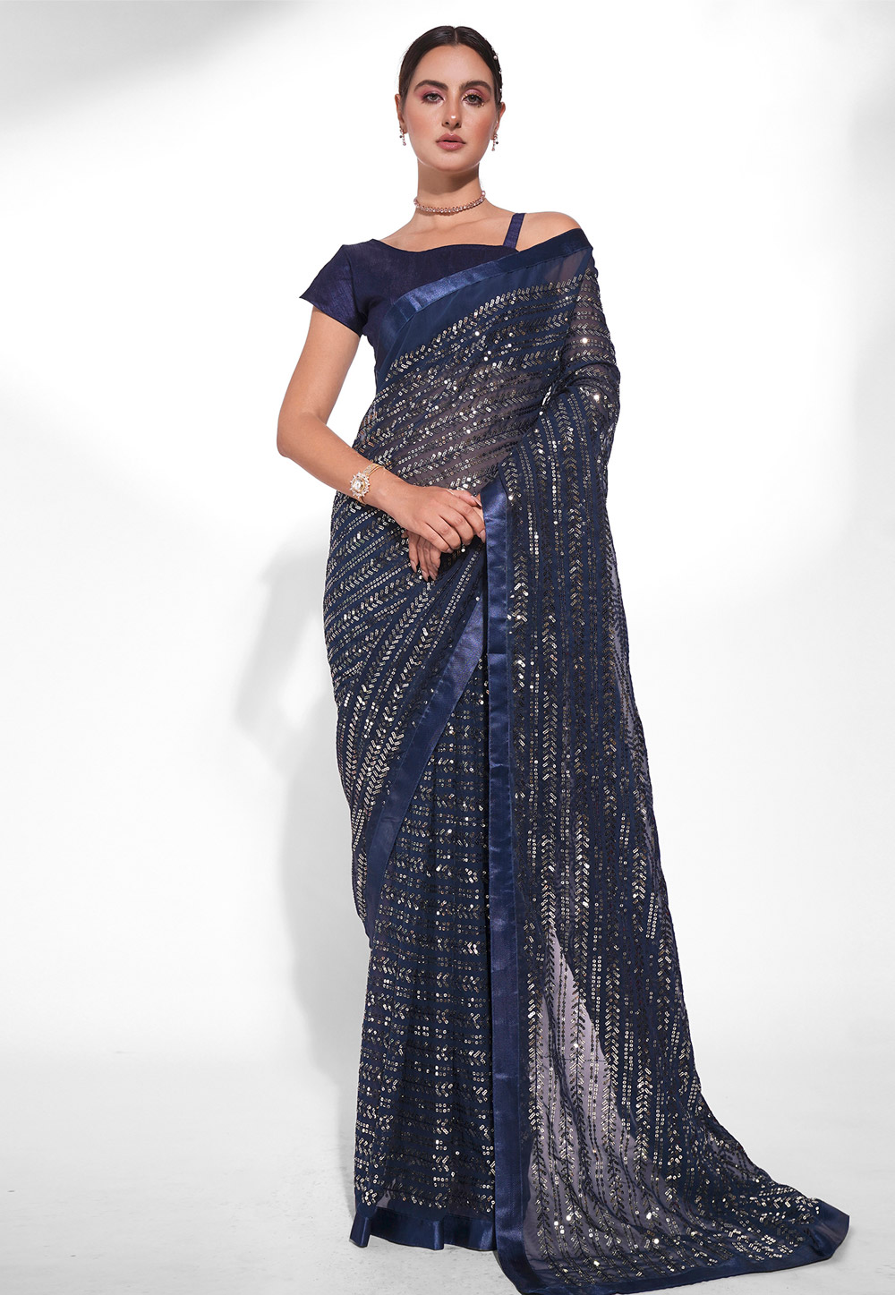 Navy Blue Georgette Sequence Saree 262533