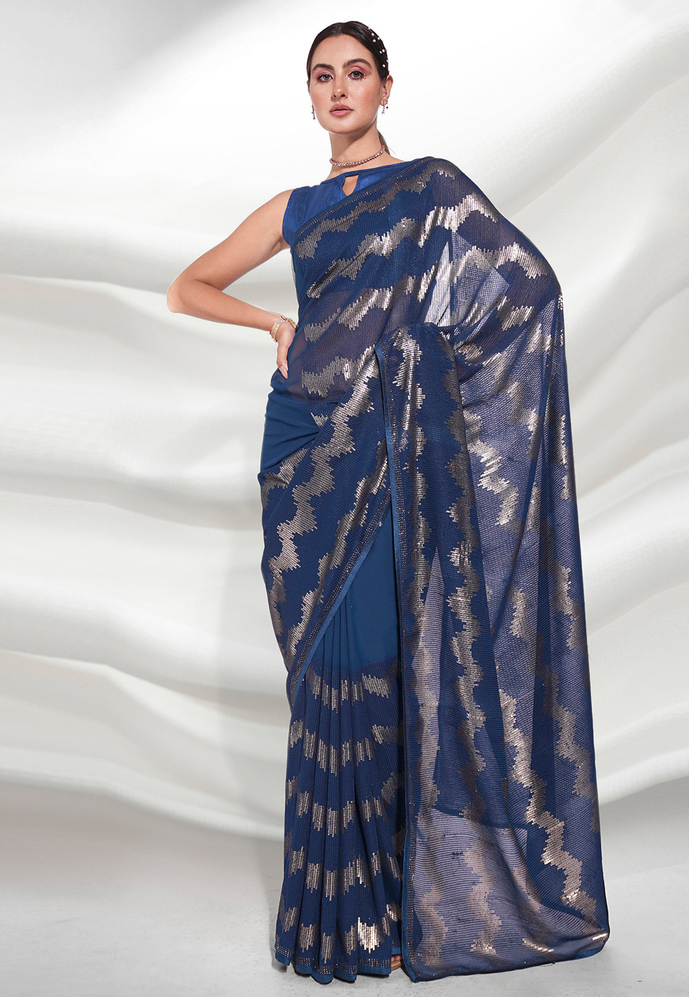 Navy Blue Georgette Sequence Saree 262528