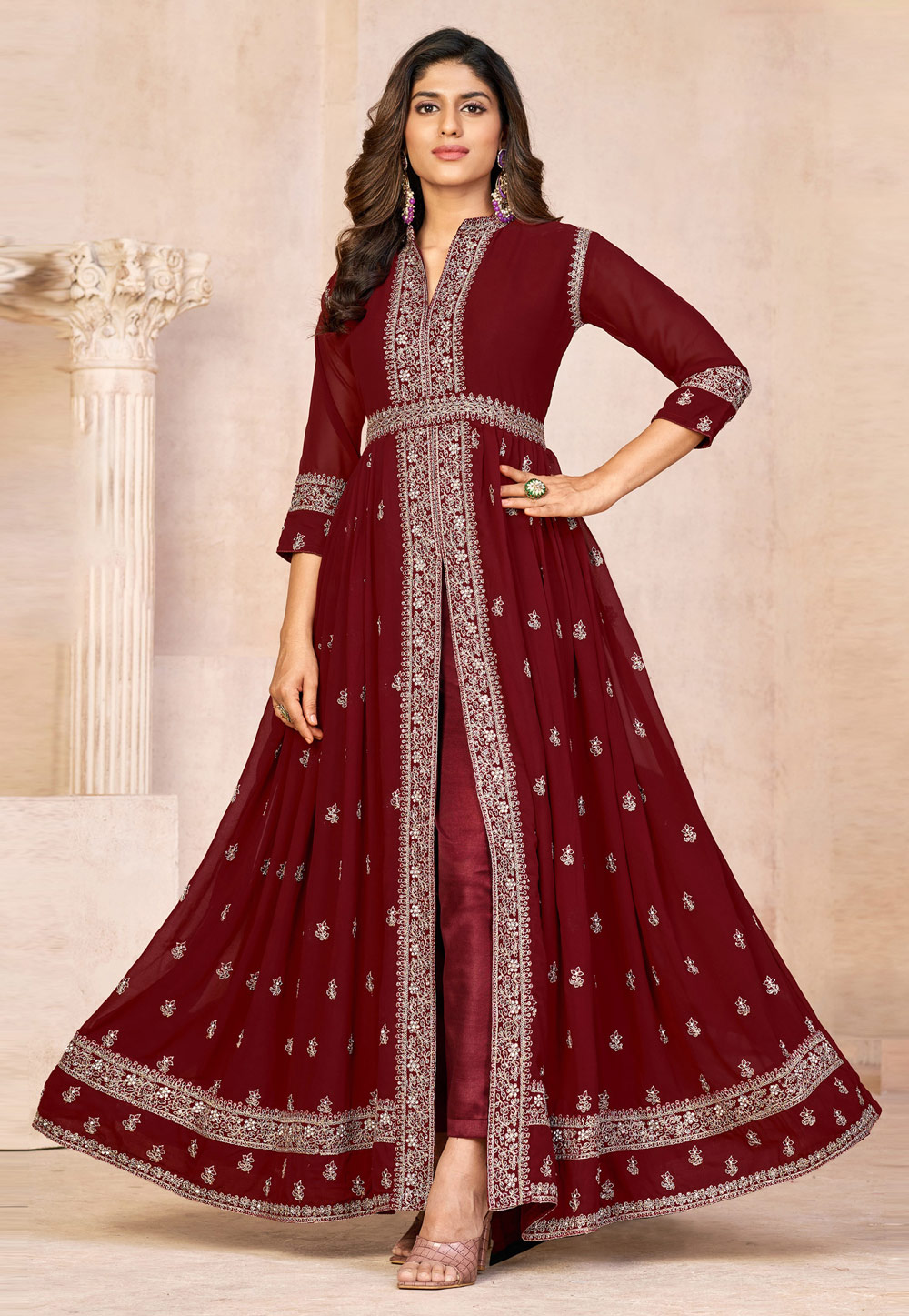 Buy Cheap Indian Suit Velvet Dark Maroon Anarkali Suit LSTV116010
