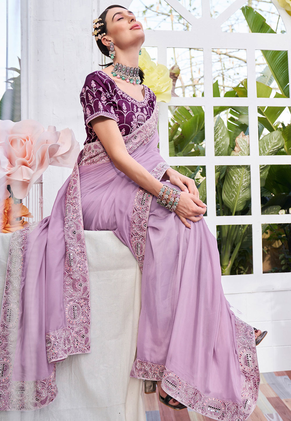 Bright Lilac Purple Printed Satin Silk Saree - Shaaola.com