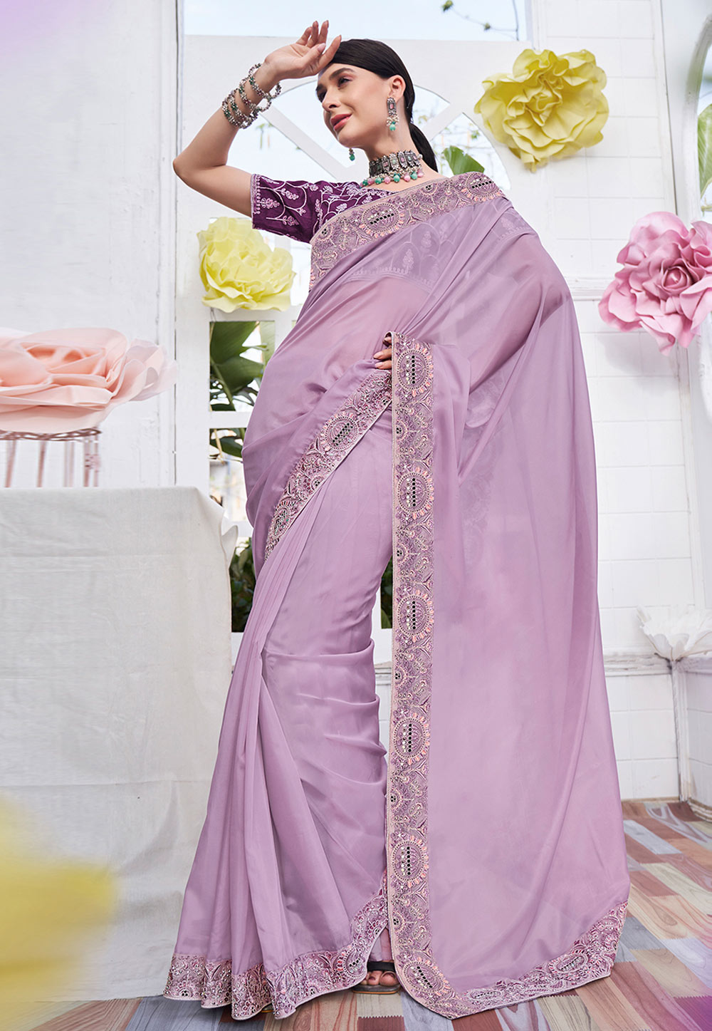 Buy Violet Indigo Sequins Embroidered Satin Saree Online | Samyakk