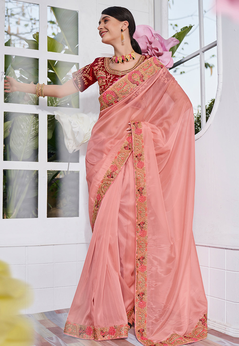 Pink Satin Saree With Blouse 262868