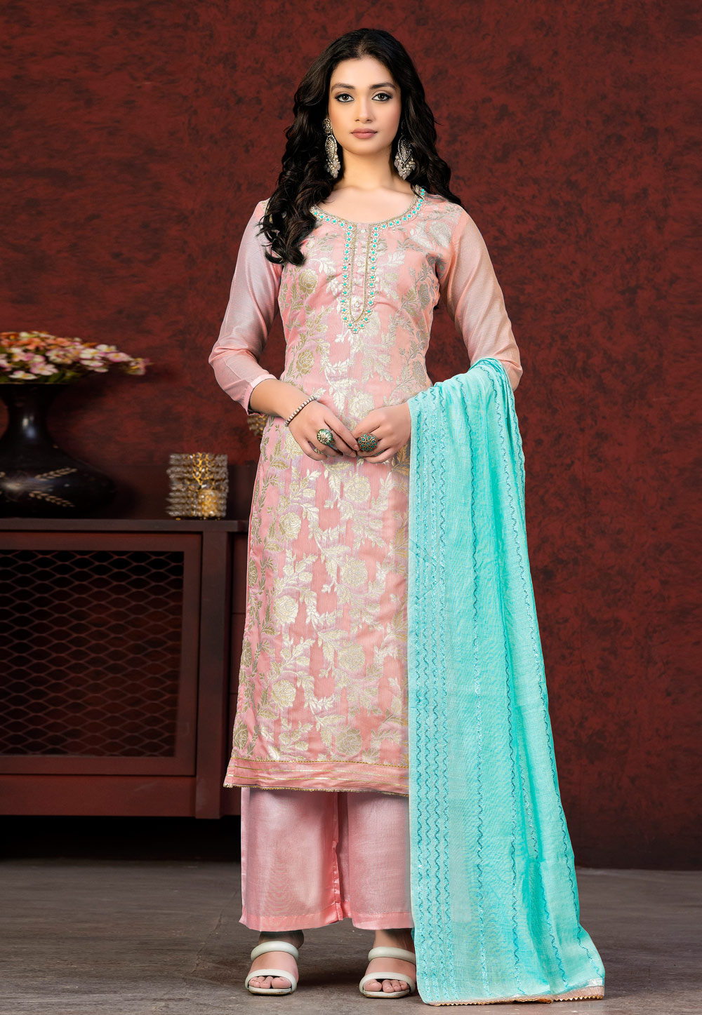 Light Pink Banarasi Silk Palazzo Suit 263511