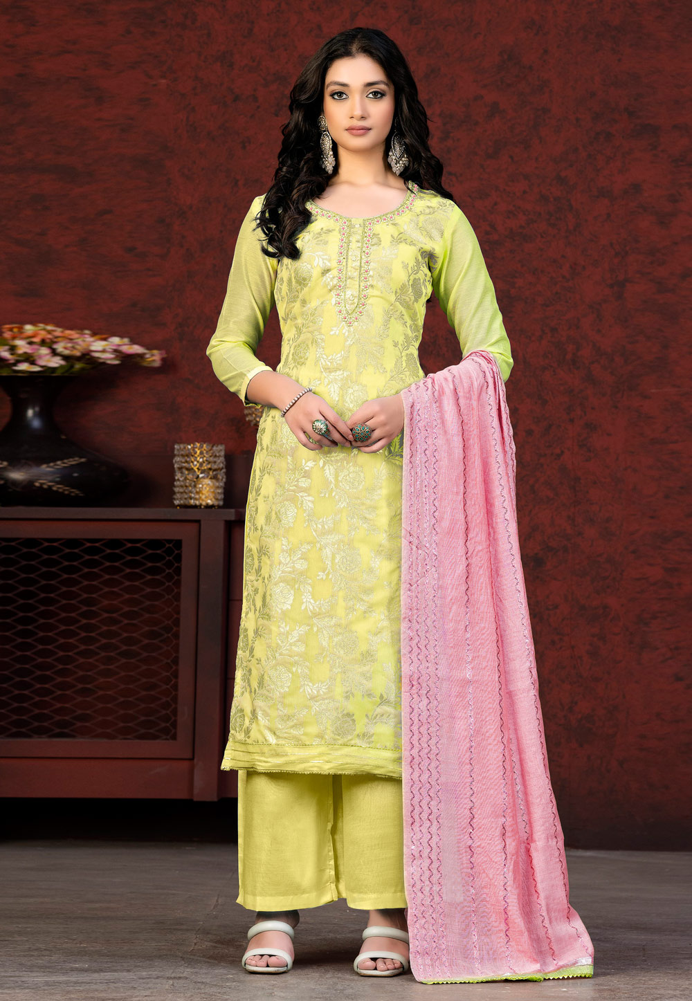 Yellow Banarasi Silk Pakistani Suit 263512