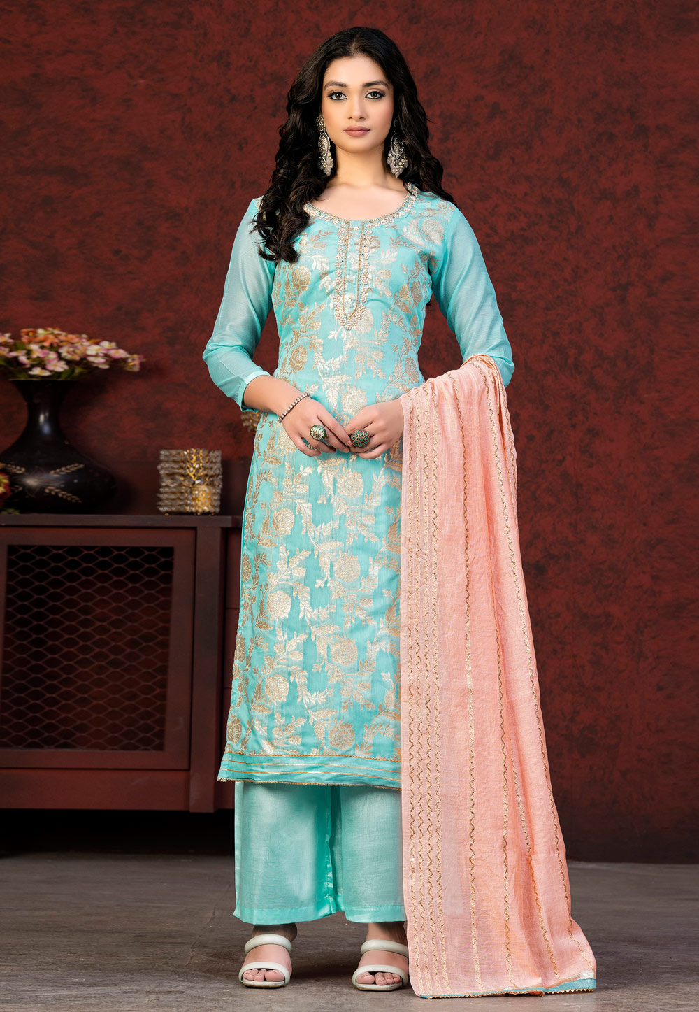 Sky Blue Banarasi Silk Palazzo Suit 263513