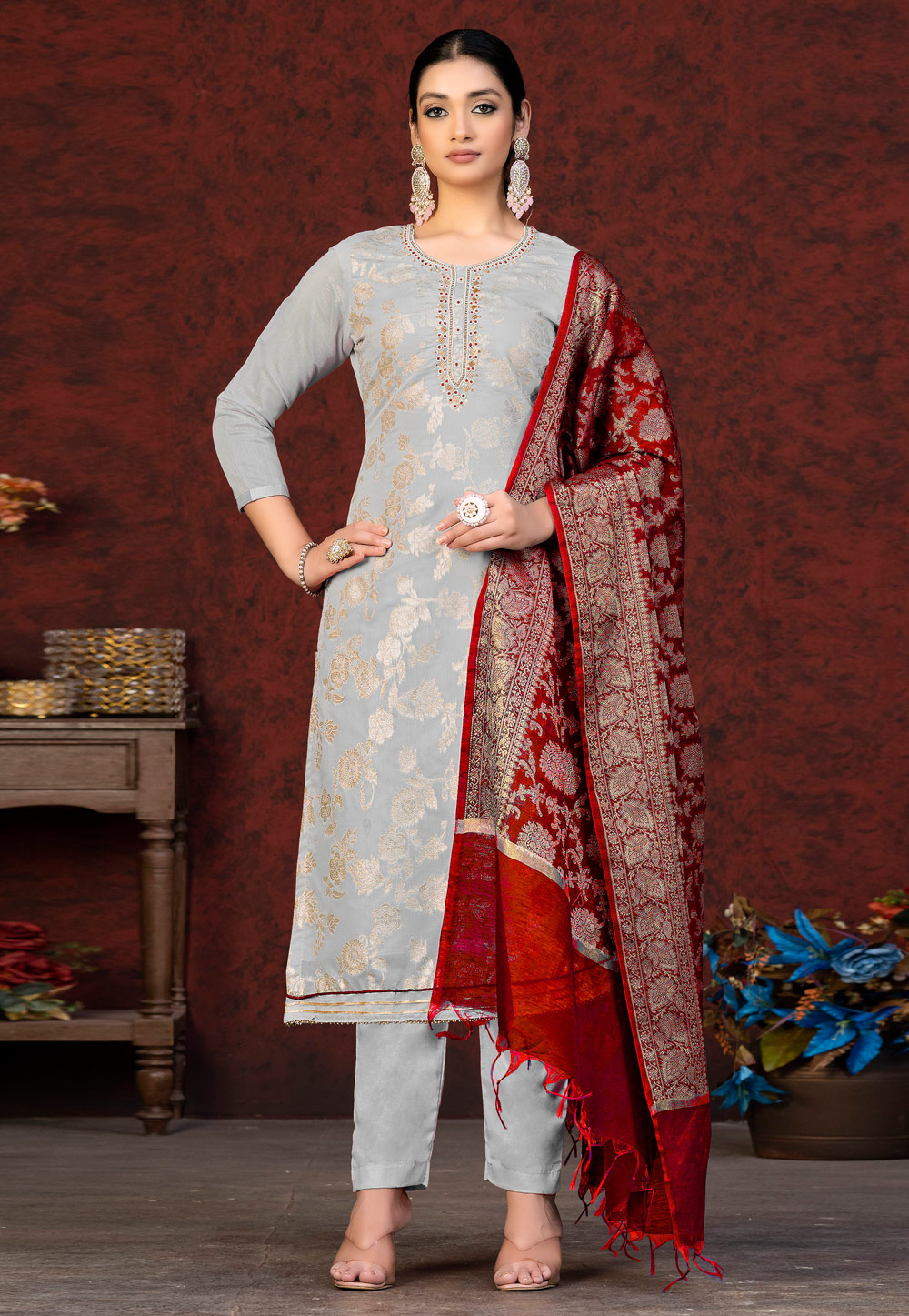 Grey Banarasi Silk Pant Style Suit 263523