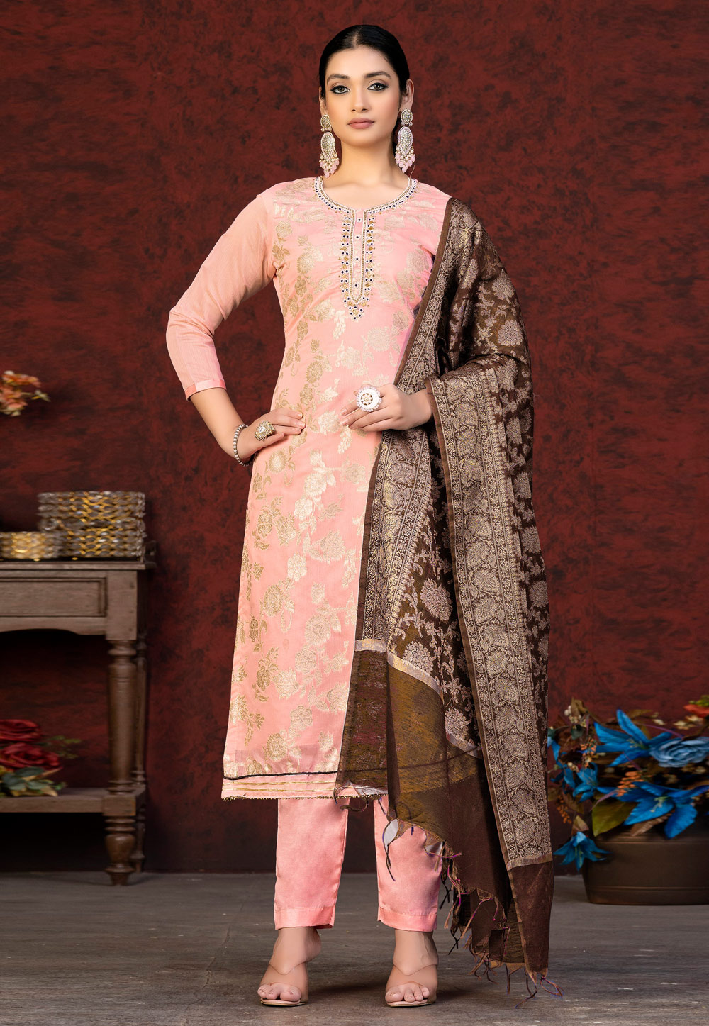 Peach Banarasi Silk Pakistani Suit 263524