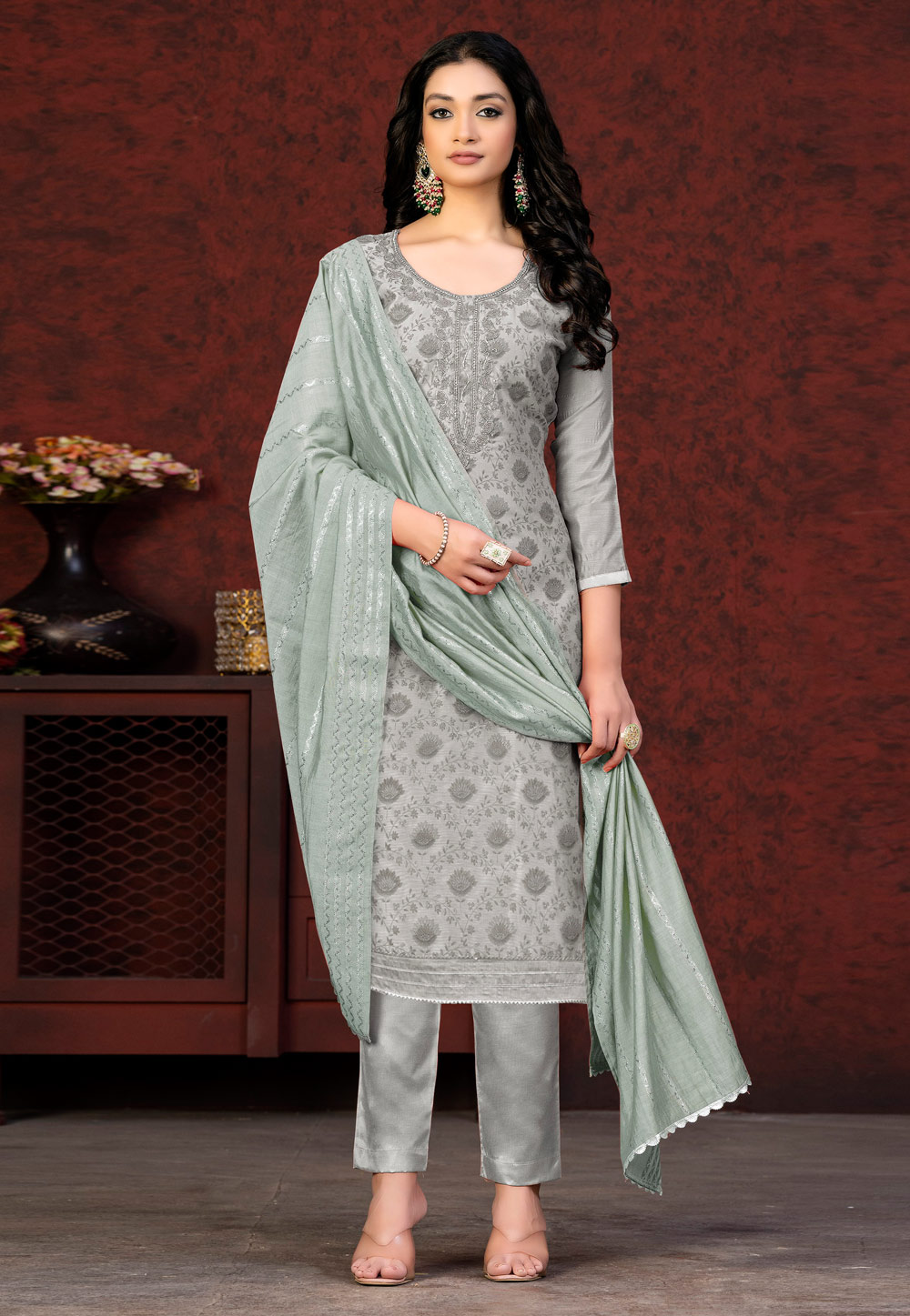 Grey Silk Pakistani Suit 263530