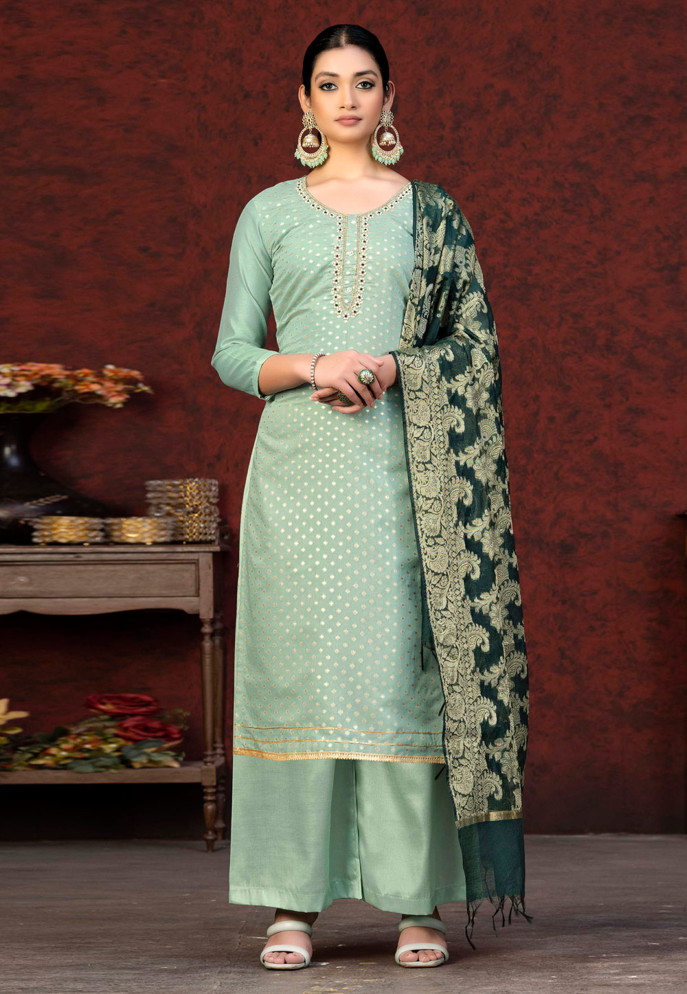 Sea Green Banarasi Silk Palazzo Suit 263535