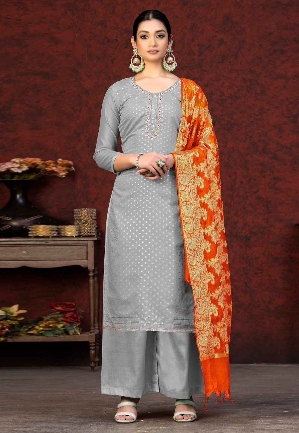 Grey Banarasi Silk Pakistani Suit 263536
