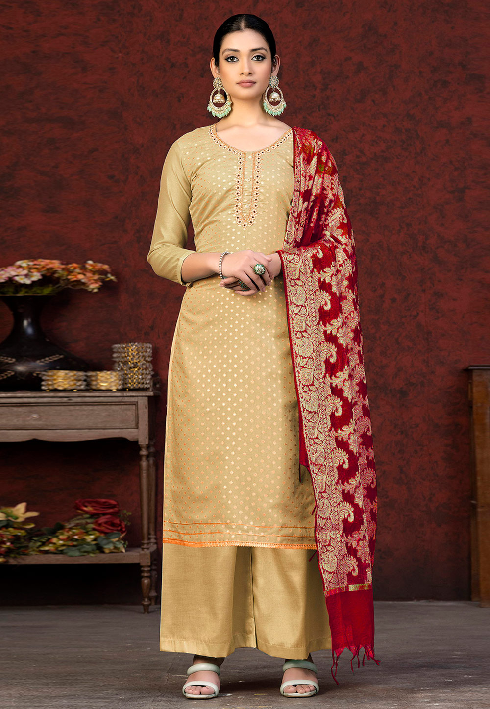 Beige Banarasi Silk Pakistani Suit 263538