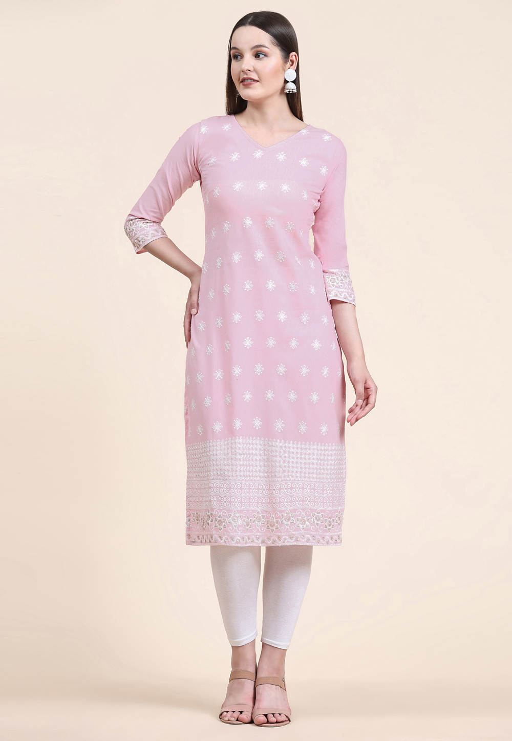 Baby Pink Cotton Stitched Satin Fabric Kurtis With Full Cotton Inner