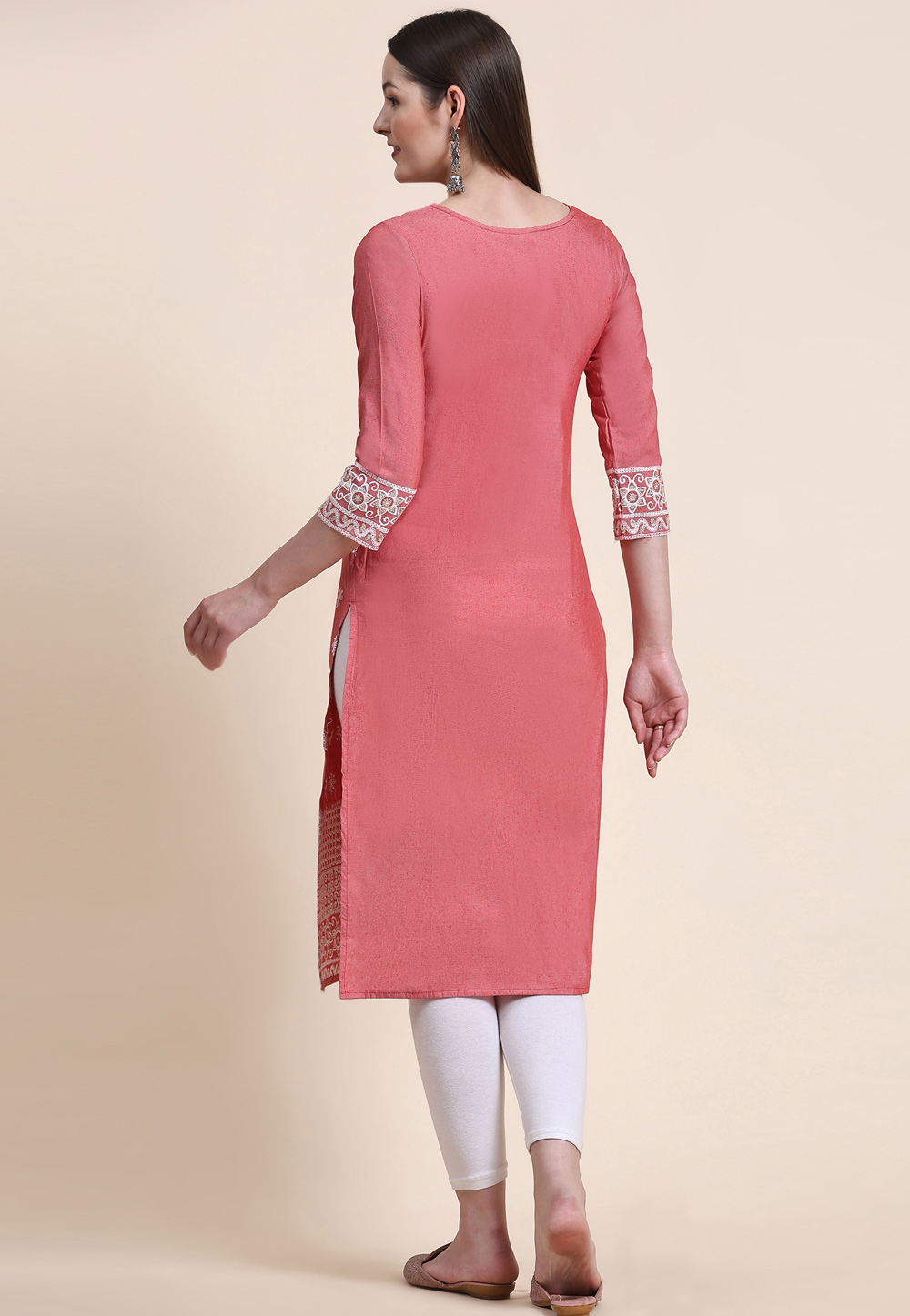 Pink Partywear Sequence Embroidered Cotton Kurti Pant Set