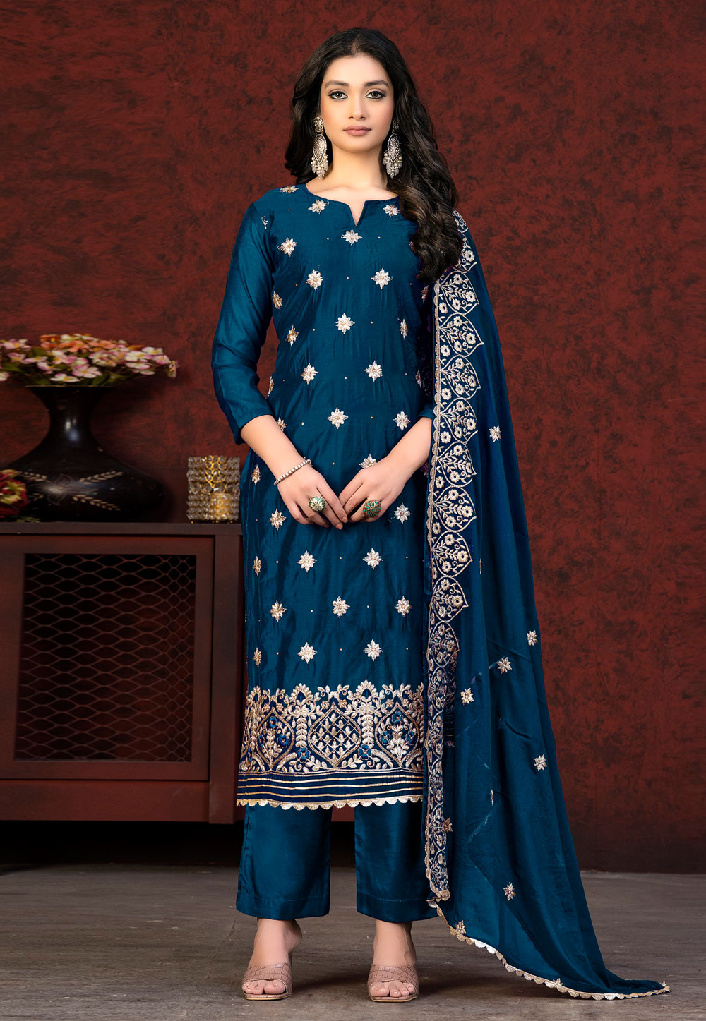 Navy Blue Chanderi Palazzo Suit 263551