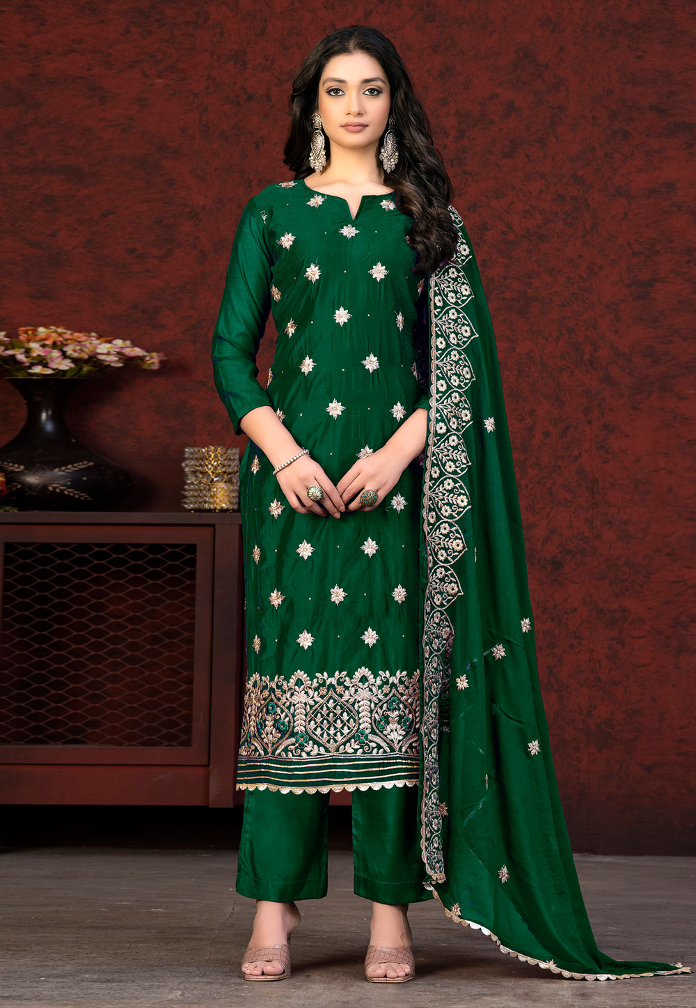 Green Chanderi Pakistani Suit 263554