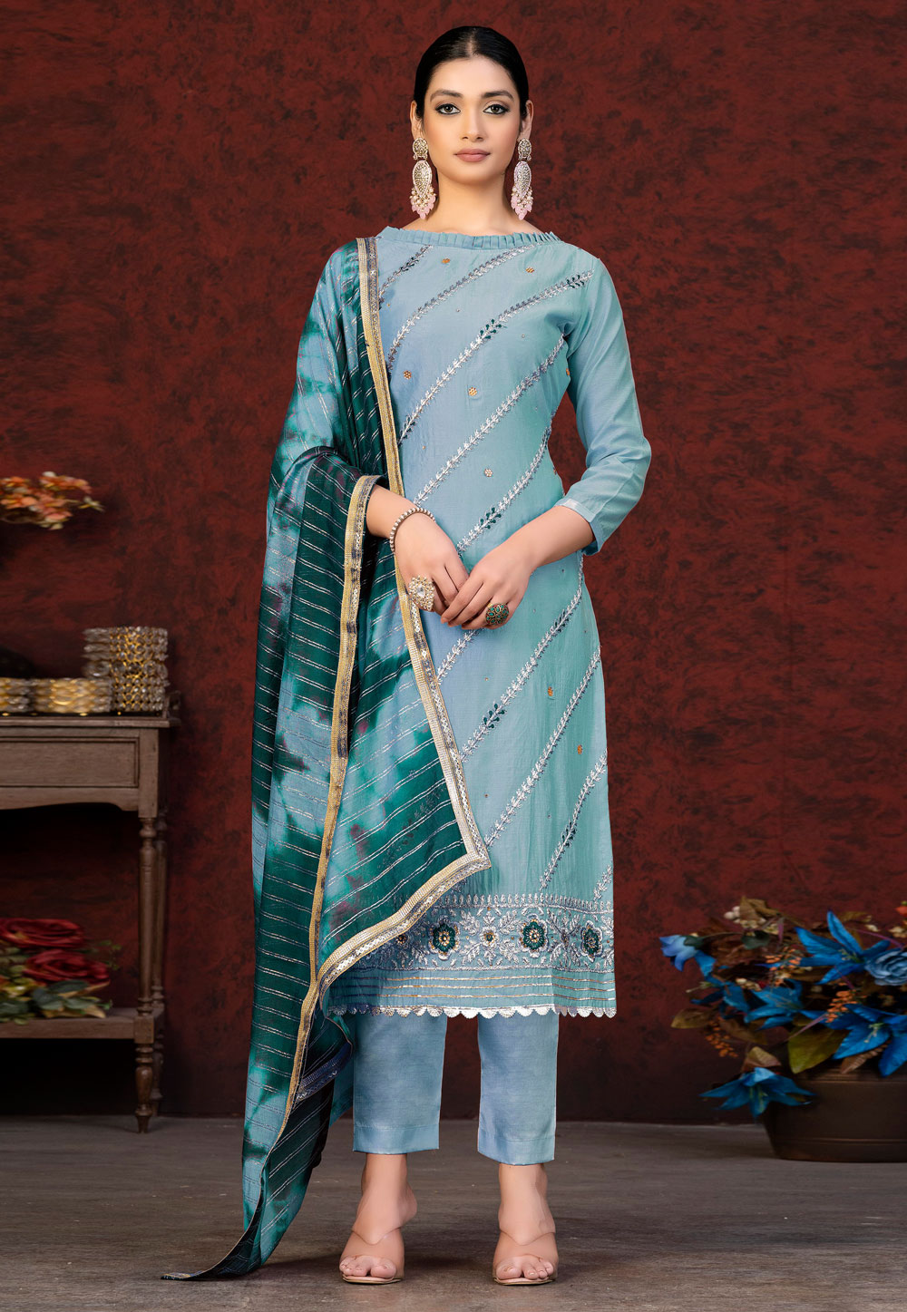 Sky Blue Chanderi Pant Style Suit 263555