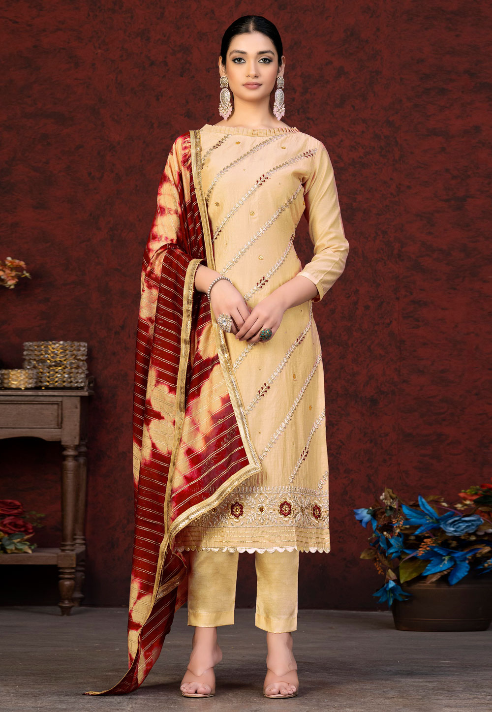 Yellow Chanderi Pant Style Suit 263557