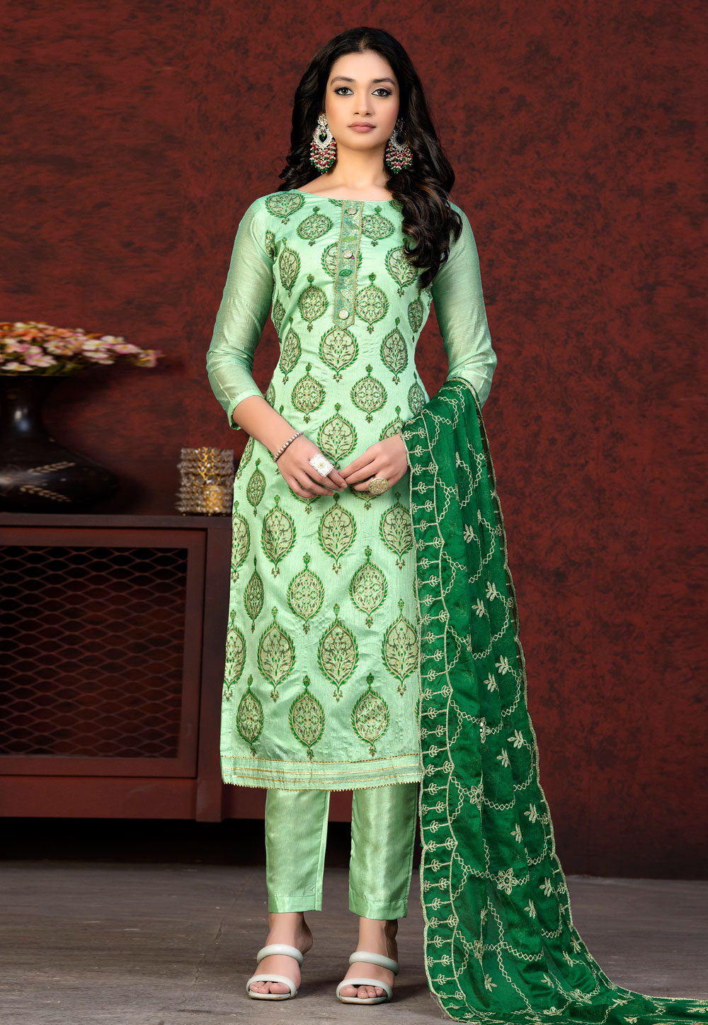 Light Green Chanderi Pakistani Suit 263560
