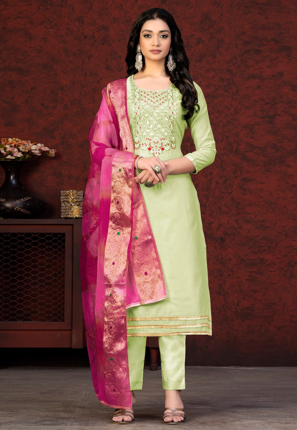 Light Green Chanderi Pakistani Suit 263578