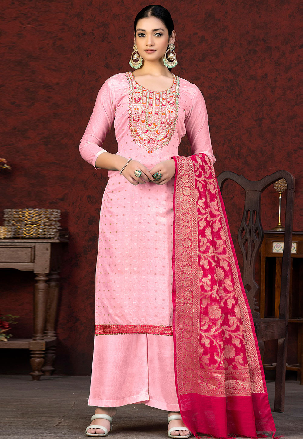 Pink Banarasi Silk Palazzo Suit 263579