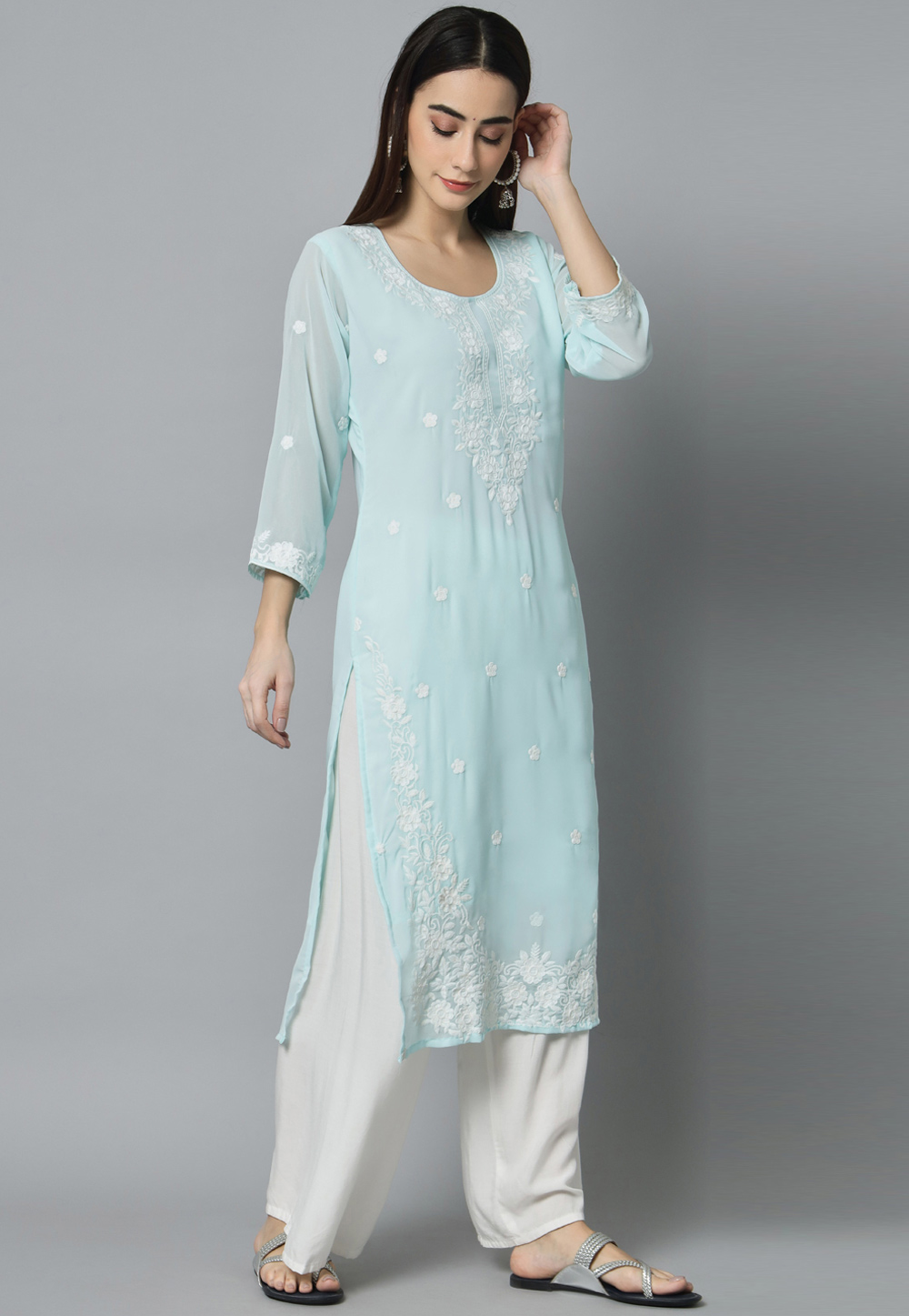 Sky Blue Georgette Long Tunic 263823