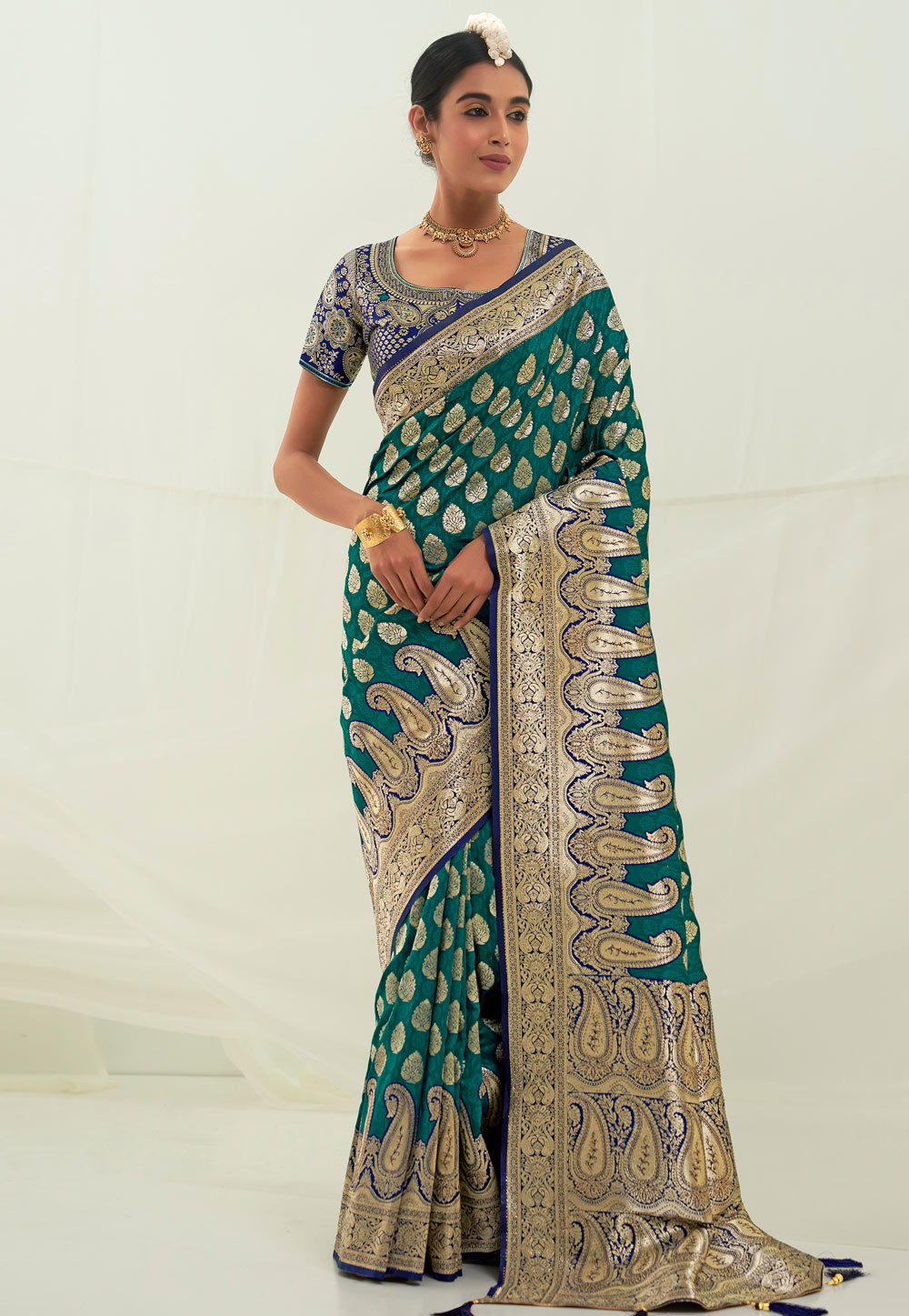 Teal Banarasi Silk Saree With Blouse 264285