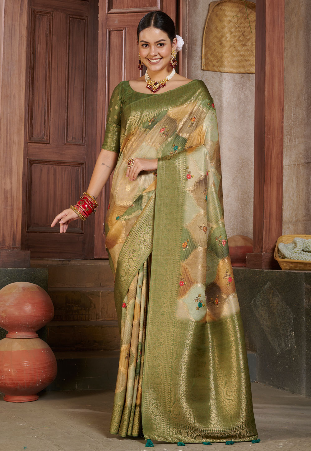 Mehndi Cotton Silk Saree With Blouse 264629