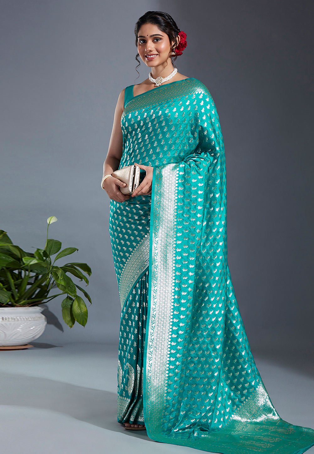 Aqua Satin Silk Saree With Blouse 264772