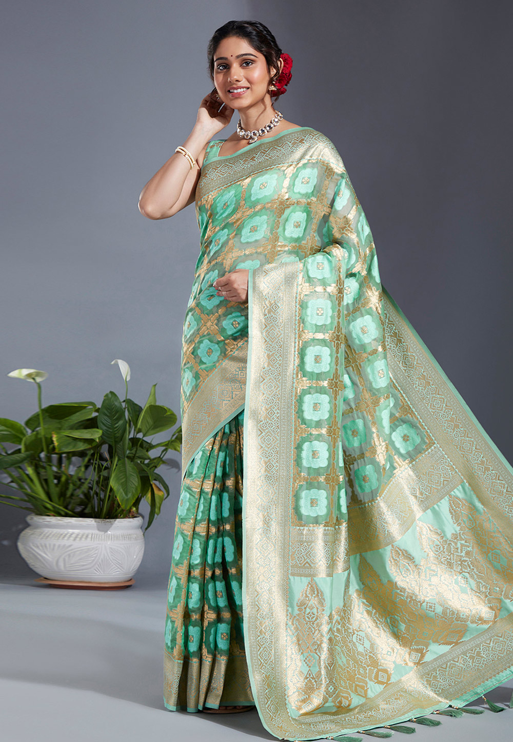 Sea Green Satin Silk Saree With Blouse 264831