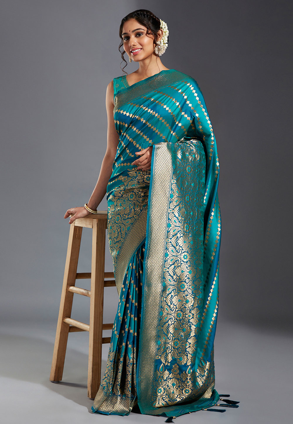 Turquoise Satin Silk Saree With Blouse 264841